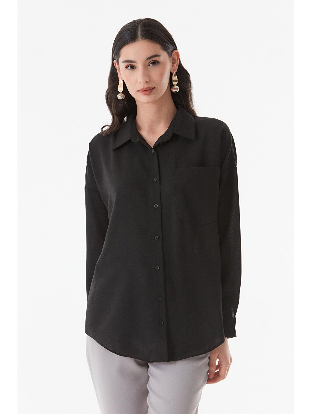 Siyah Basic Oversize Keten Gömlek