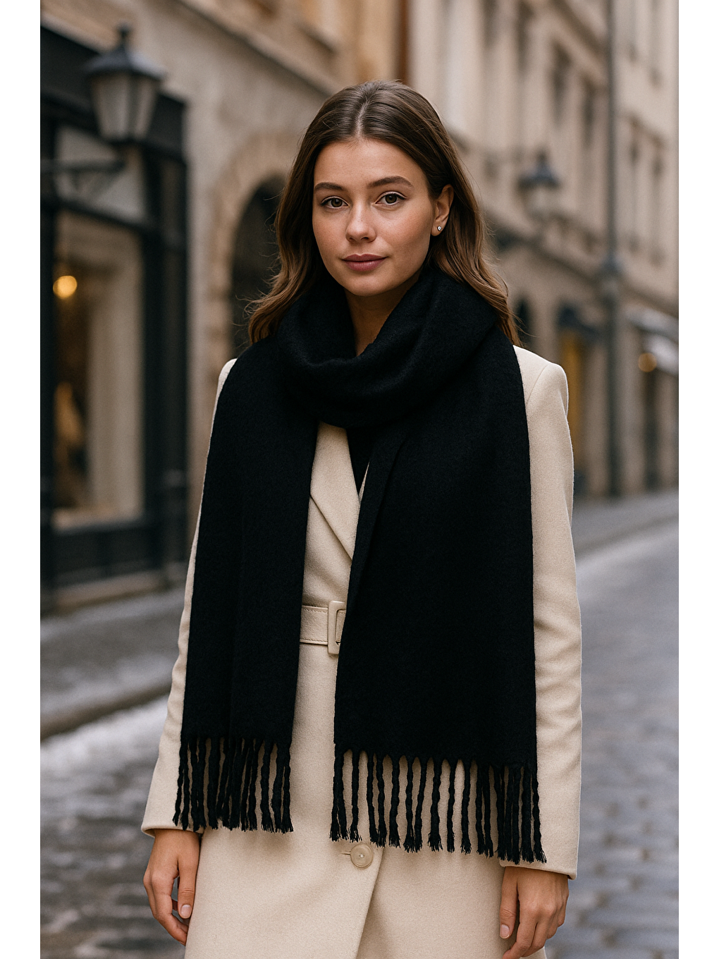 Siyah Kalın Püsküllü Şal – Yumuşak Ve Geniş Yapı, Soğuk Hava Için Ideal Sal1257-3