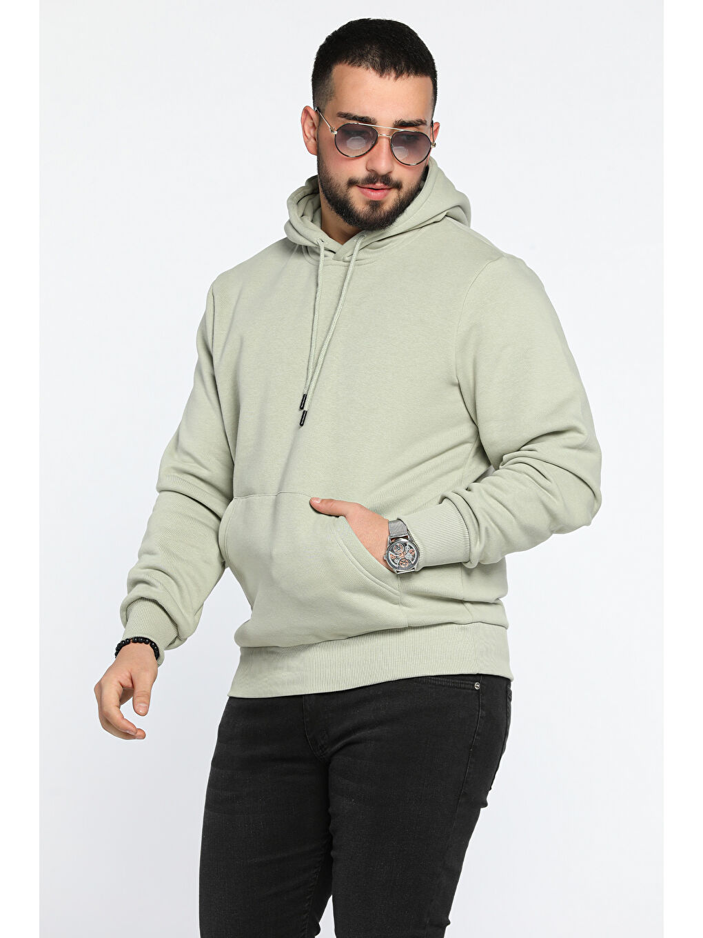 Mishar İtalia Yeşil Erkek Kapüşonlu Kanguru Cepli Şardonlu Üç İplik Sweatshirt - 1