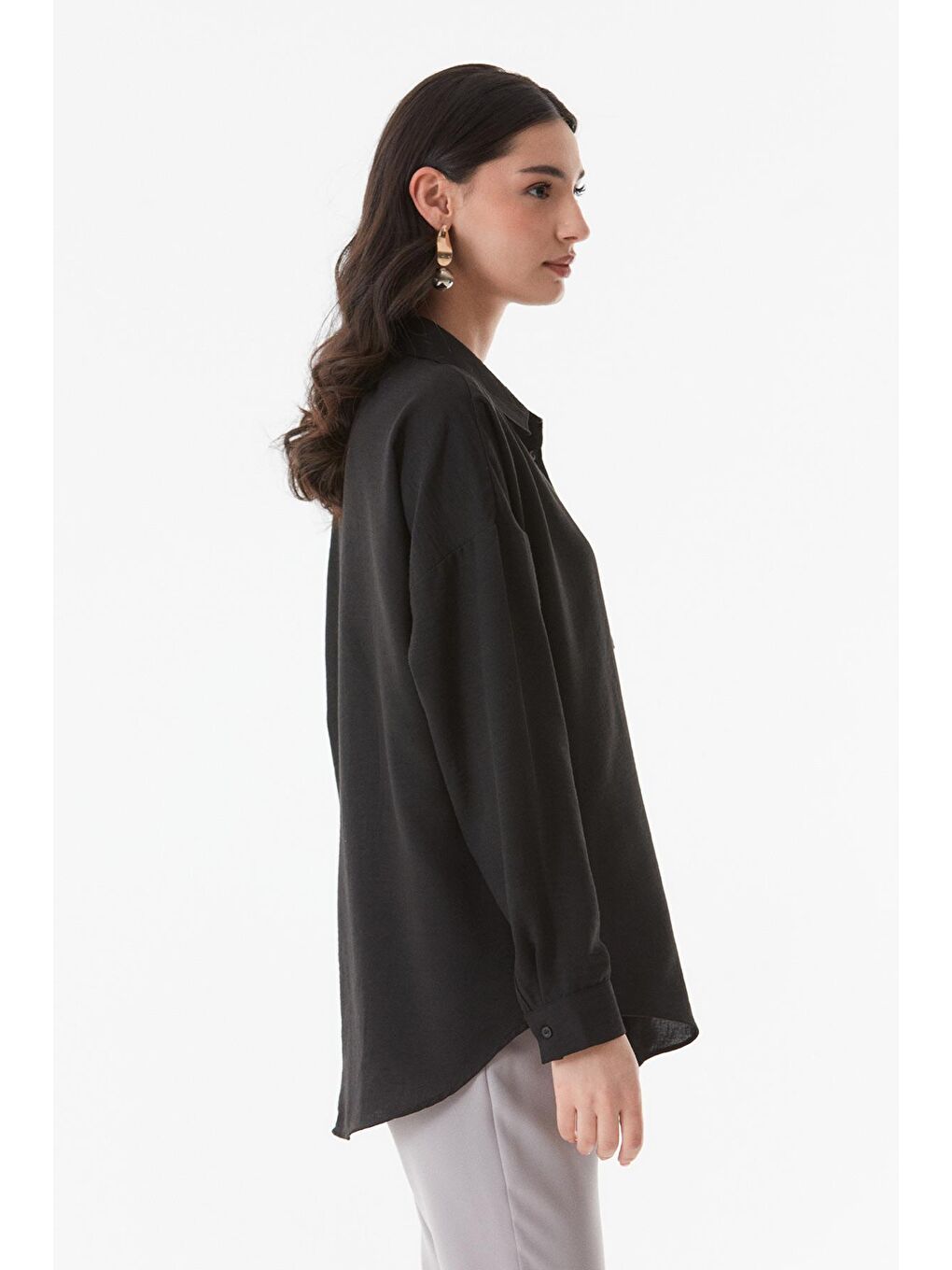 Siyah Basic Oversize Keten Gömlek-2