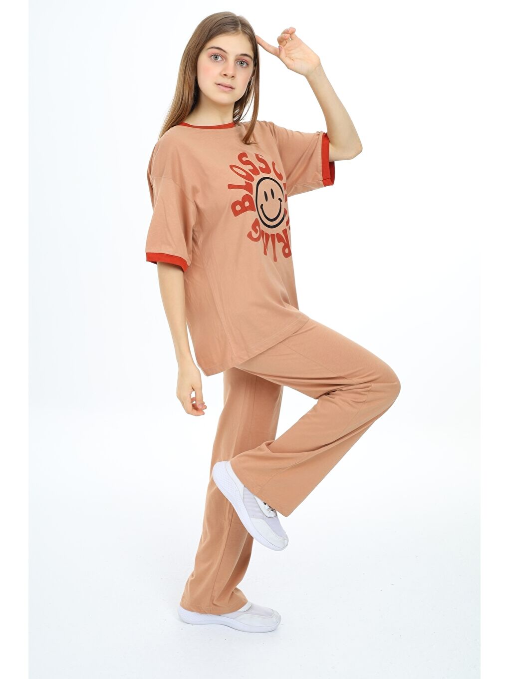 Bej Kız Çocuk Kol Ribana Detaylı Alt-Üst Takım 12151-1