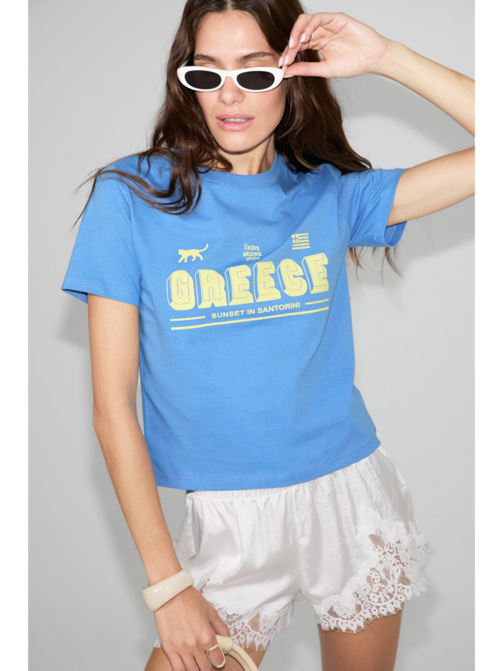 Algher Kadın Baskı Desenli Kısa Kollu Organik Pamuklu Bisiklet Yaka Crop Mavi T-shirt