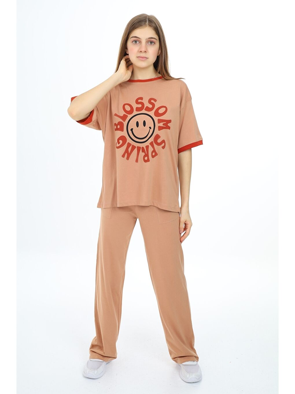 Bej Kız Çocuk Kol Ribana Detaylı Alt-Üst Takım 12151-2