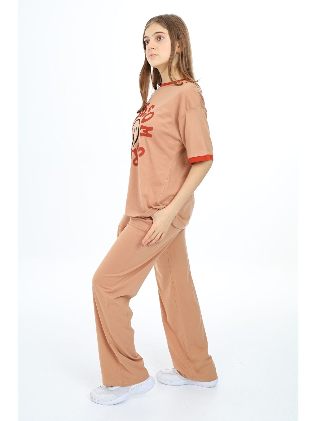 Bej Kız Çocuk Kol Ribana Detaylı Alt-Üst Takım 12151-3