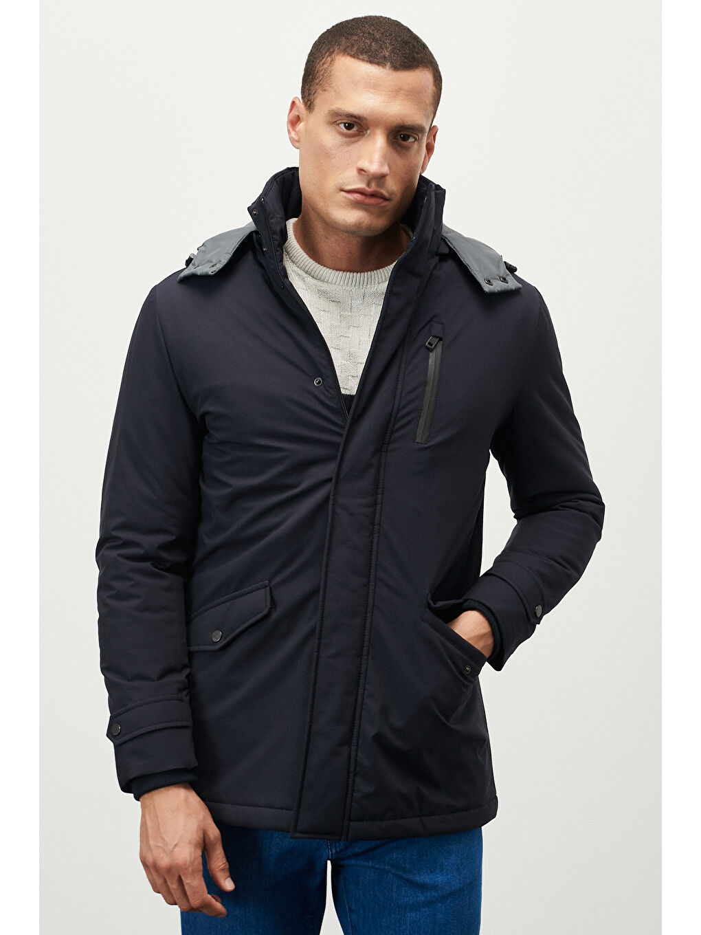 Erkek İndigo Standart Fit Normal Kesim Kapüşonlu Soğuk Geçirmez Kışlık Kaban