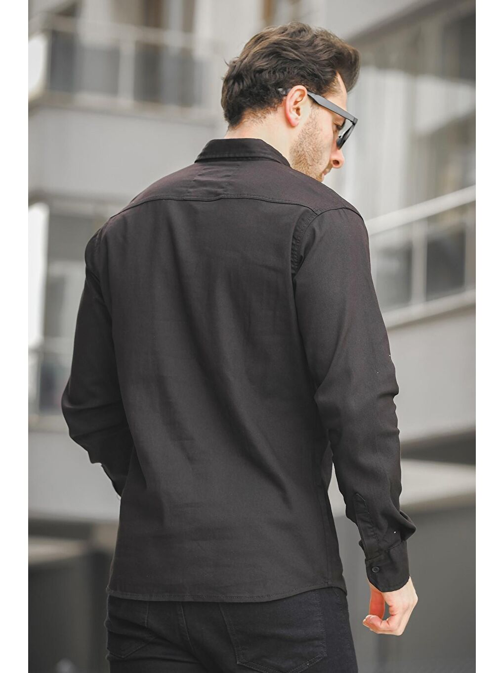 Siyah Yx 16176 Çift Cep Kapaklı Çıt Çıtlı Likralı Erkek jean Gömlek-6