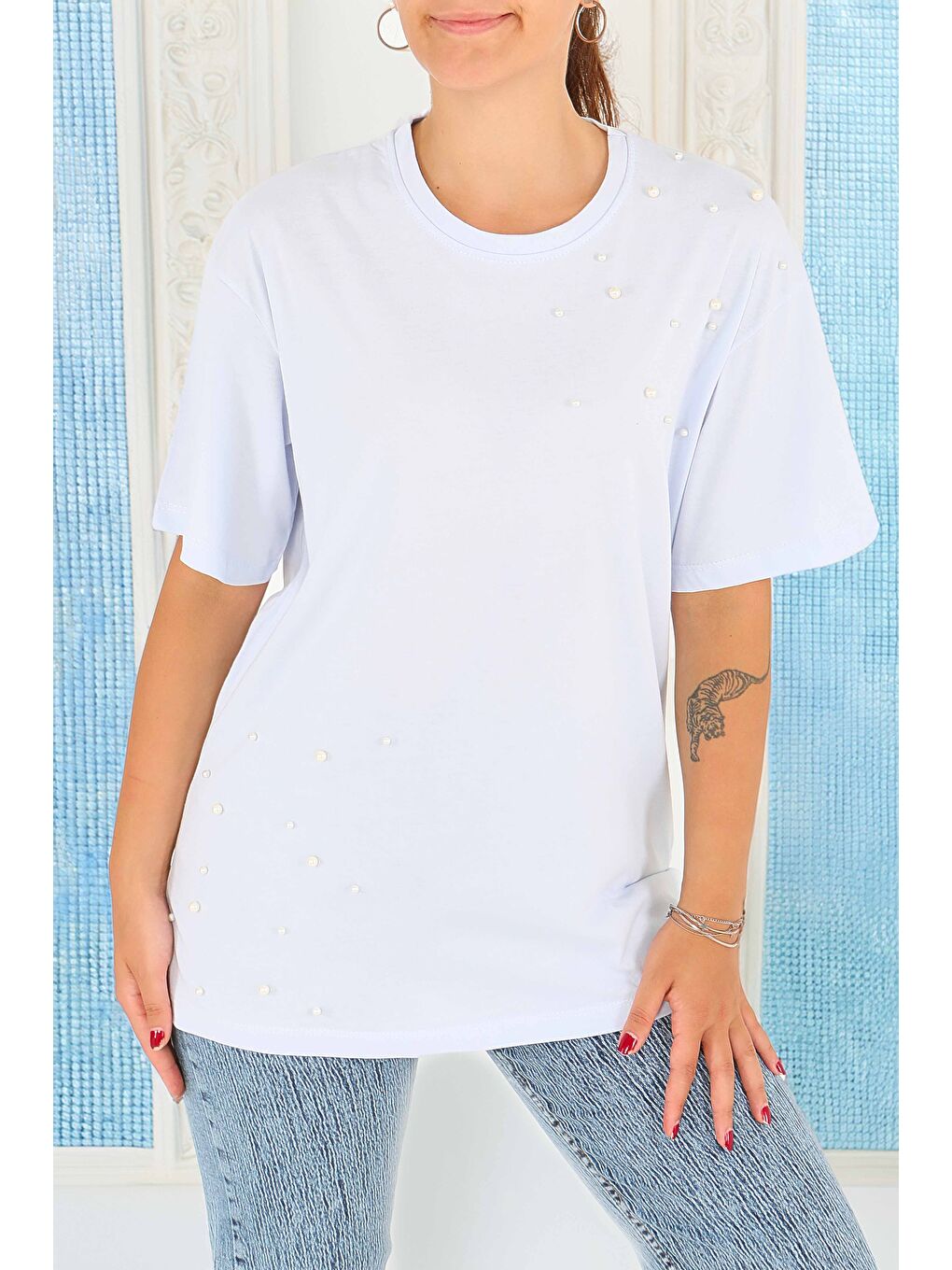 İncili Kısa Kollu T-Şhirt Bebe Mavi - 27543-1