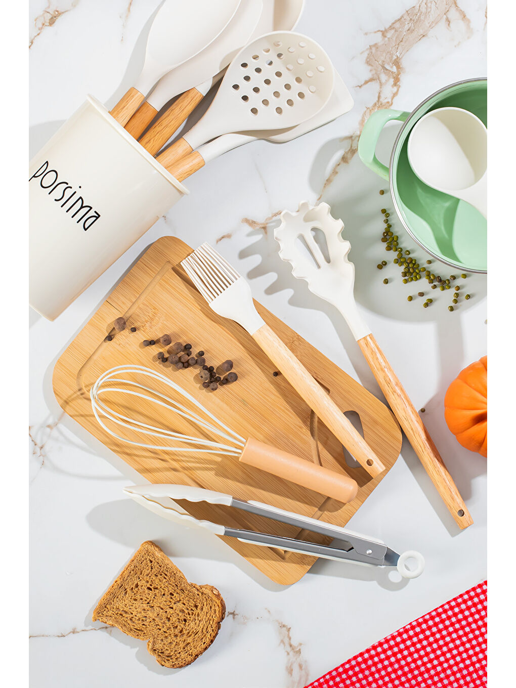 Kırmızı 3163 Metal Standlı Ahşap Silikon 11 Parça Servis Takımı Seti Beyaz-1