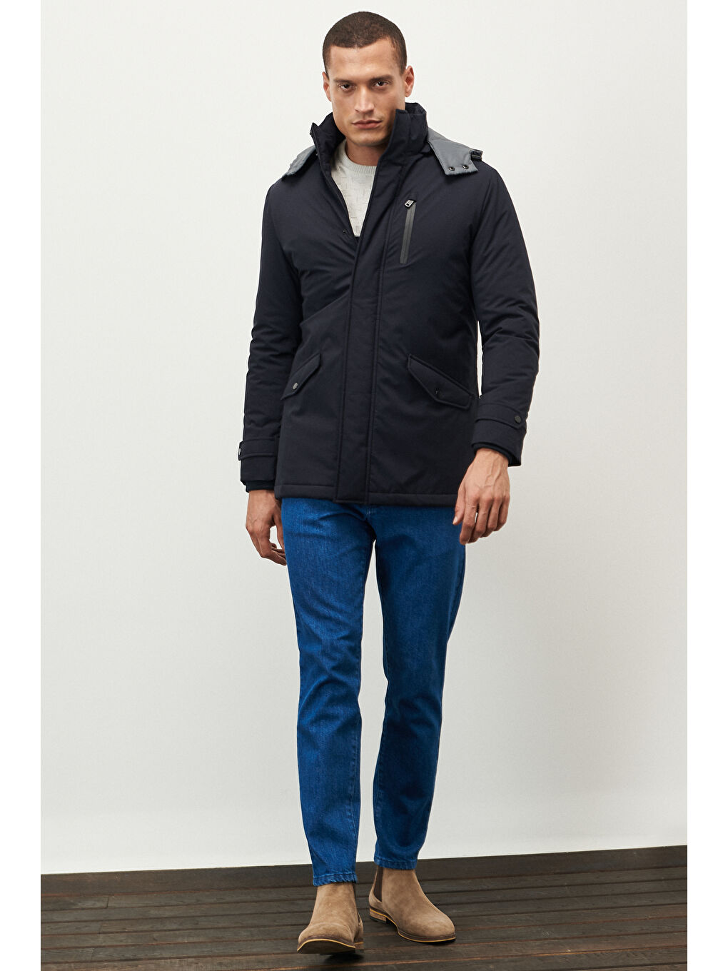 Erkek İndigo Standart Fit Normal Kesim Kapüşonlu Soğuk Geçirmez Kışlık Kaban-1