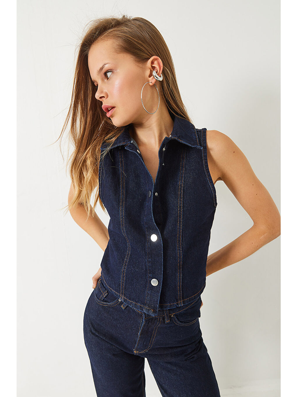 Lacivert Kadın Bootcut Denim Yelek-2