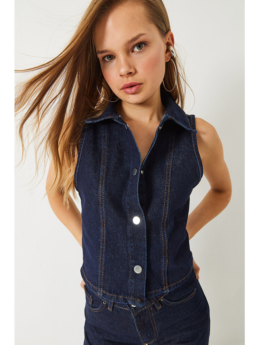 Lacivert Kadın Bootcut Denim Yelek-3