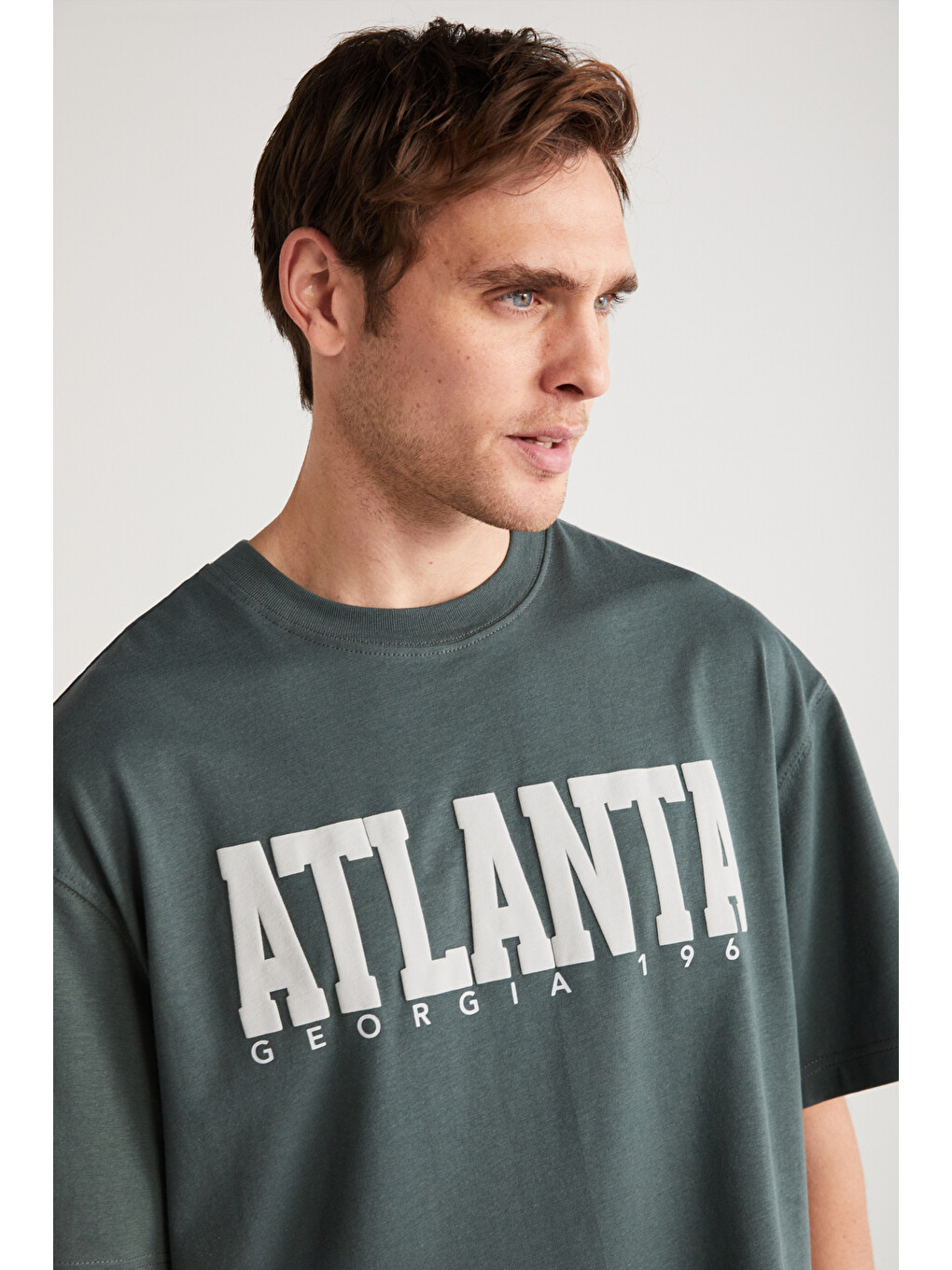 Yeşil ATLANTA Erkek %100 Pamuklu Kısa Kollu Baskı Detaylı YEŞİL T-Shirt-1