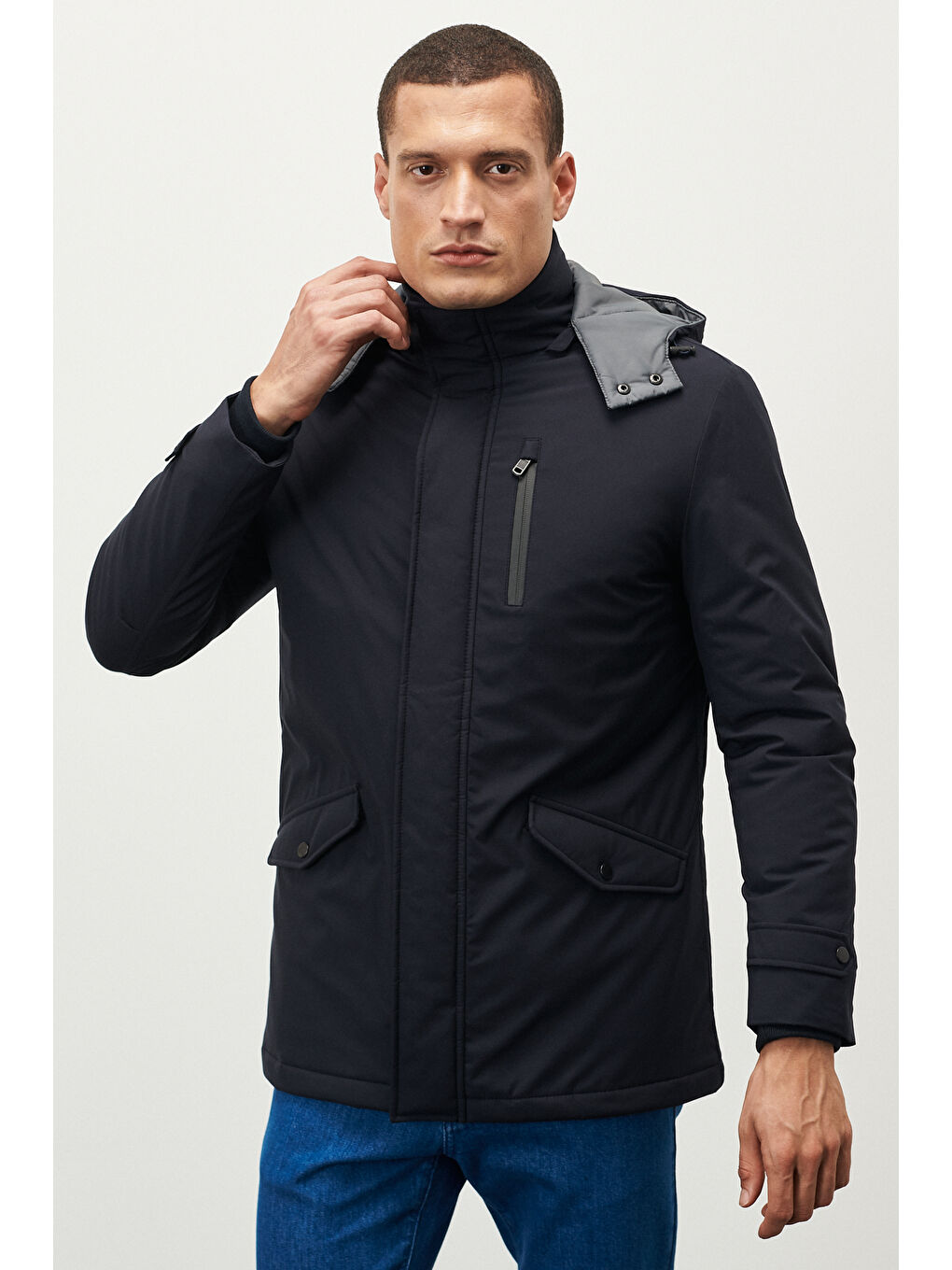 Erkek İndigo Standart Fit Normal Kesim Kapüşonlu Soğuk Geçirmez Kışlık Kaban-2