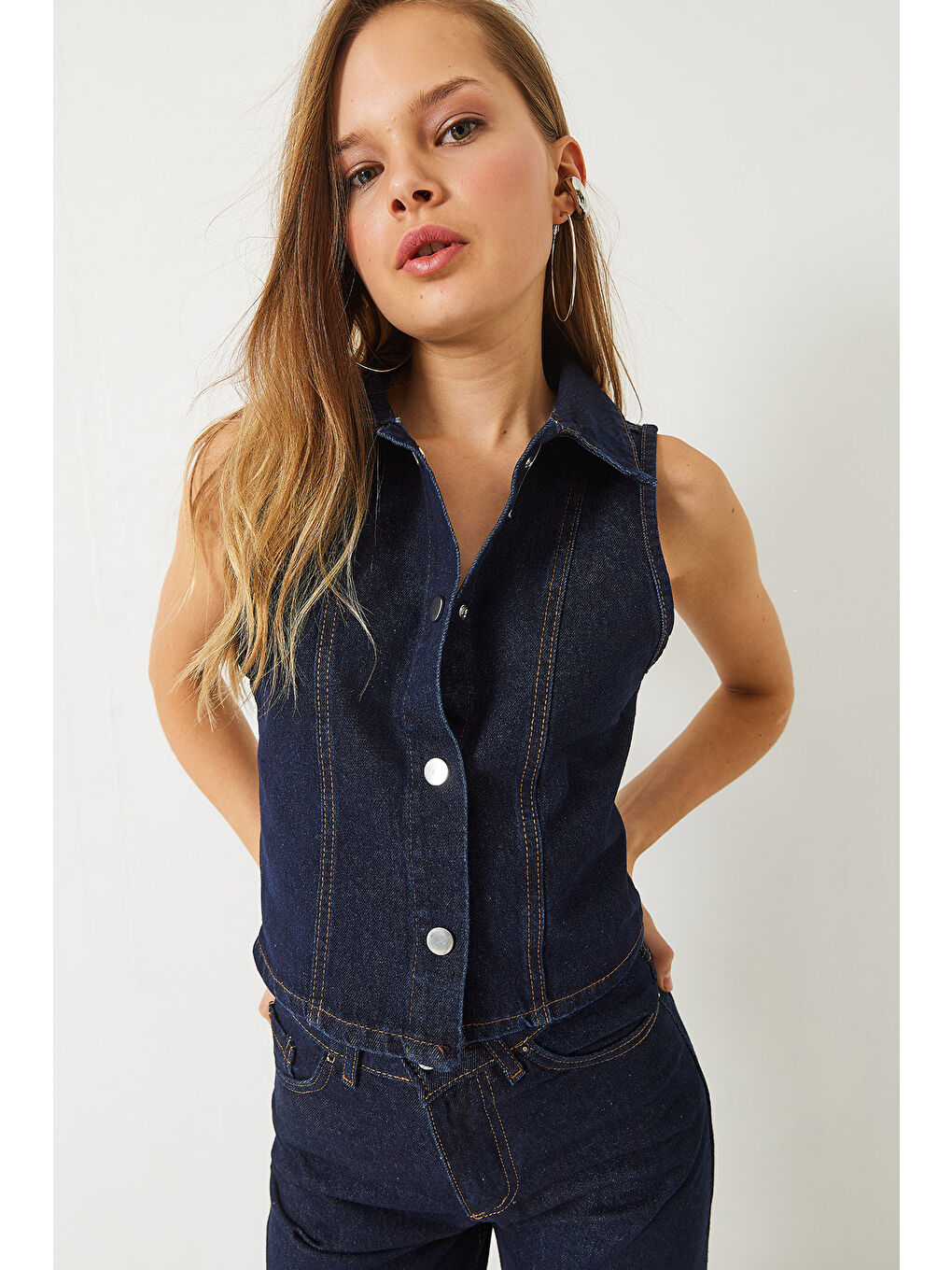 Lacivert Kadın Bootcut Denim Yelek-4