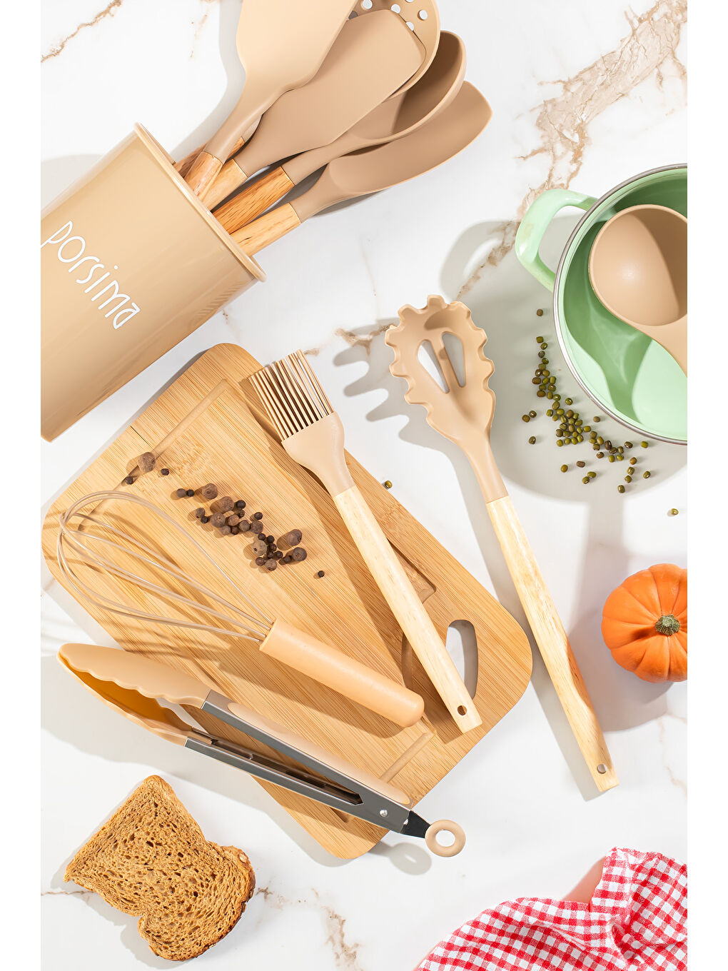 Kahverengi 3164 Metal Standlı Ahşap Silikon 11 Parça Servis Takımı Seti Kapicino-1