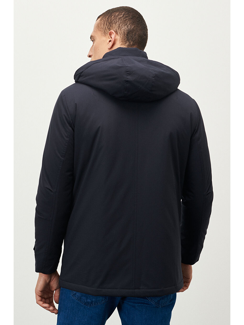 Erkek İndigo Standart Fit Normal Kesim Kapüşonlu Soğuk Geçirmez Kışlık Kaban-3