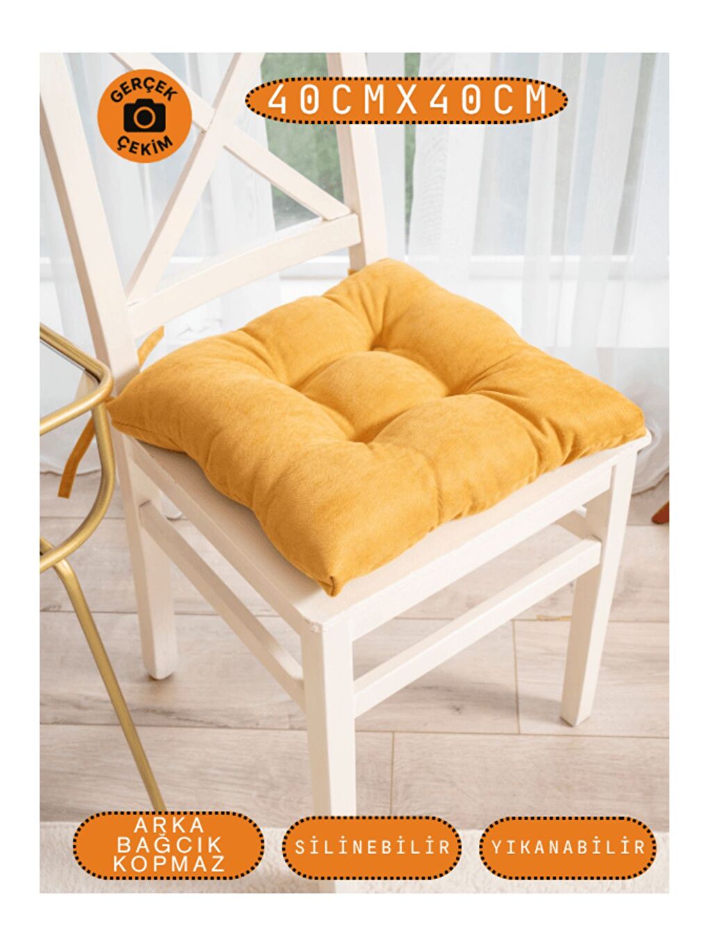 Sarı Pastello Sandalye Minderi –Hardal – Kadife Dokulu, Bağcıklı, Yıkanabilir – 40x40-4