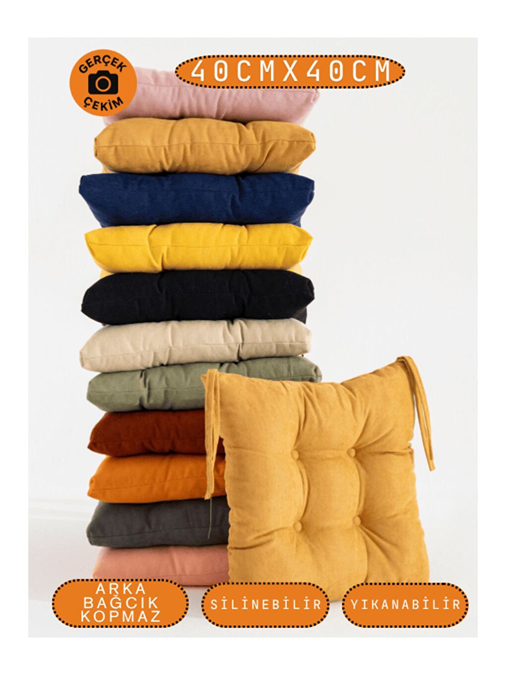 Sarı Pastello Sandalye Minderi –Hardal – Kadife Dokulu, Bağcıklı, Yıkanabilir – 40x40-5