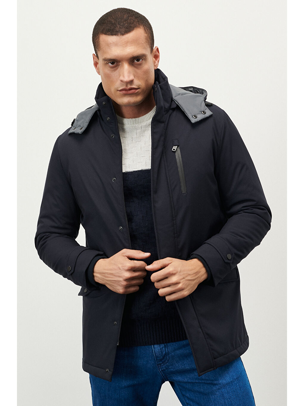 Erkek İndigo Standart Fit Normal Kesim Kapüşonlu Soğuk Geçirmez Kışlık Kaban-4