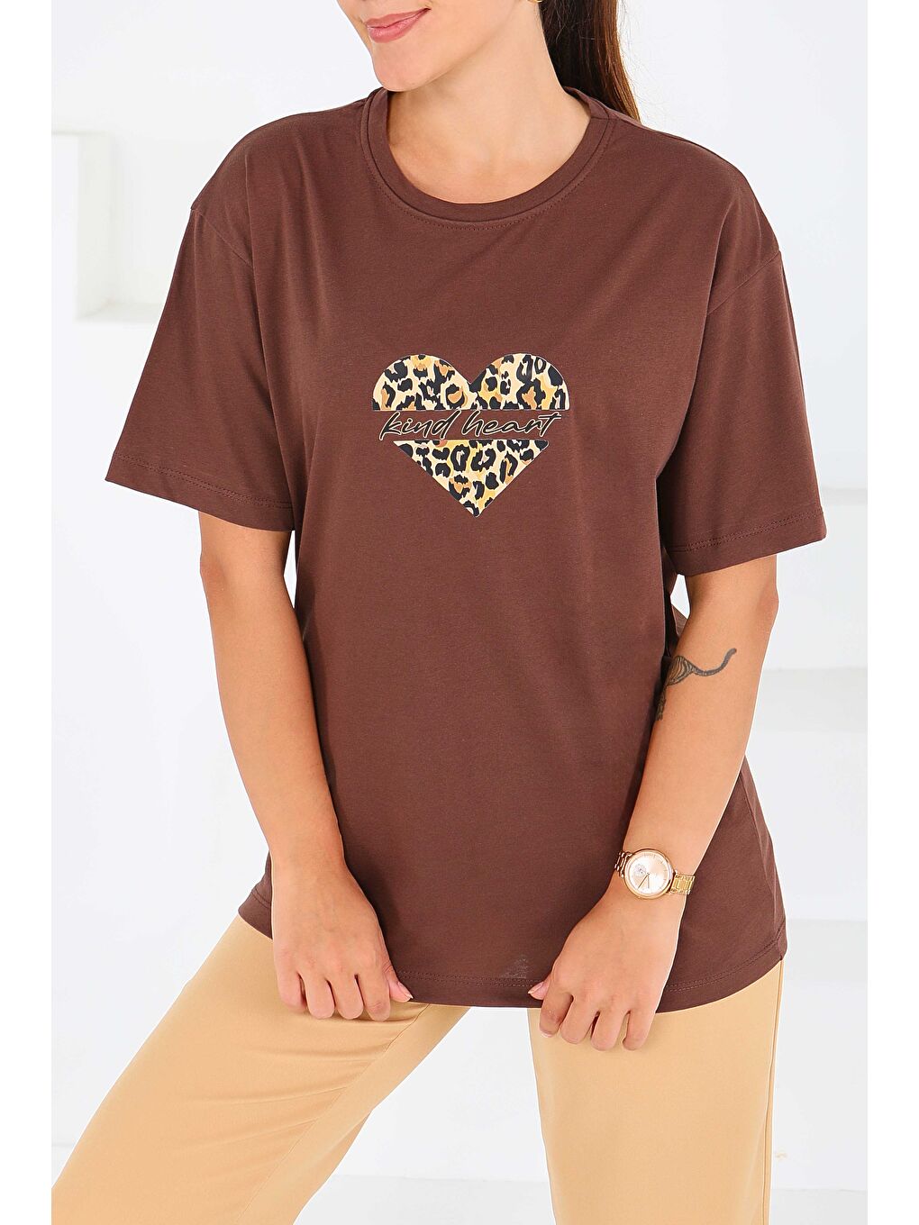 Kahverengi Baskılı Kısa Kollu T-Şhirt Kahve - 27546