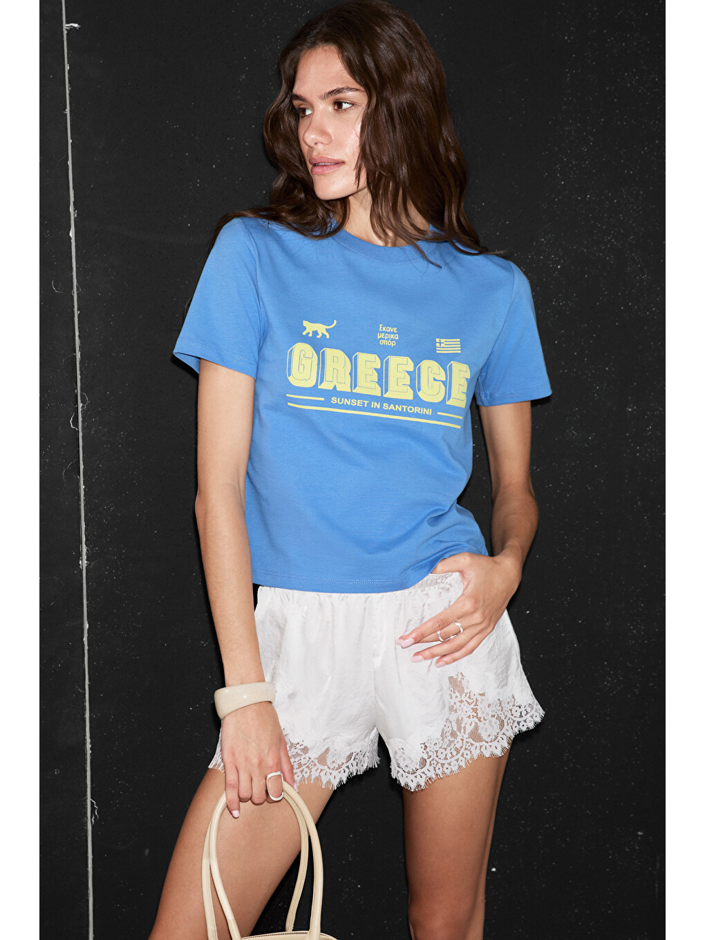 Algher Kadın Baskı Desenli Kısa Kollu Organik Pamuklu Bisiklet Yaka Crop Mavi T-shirt-2