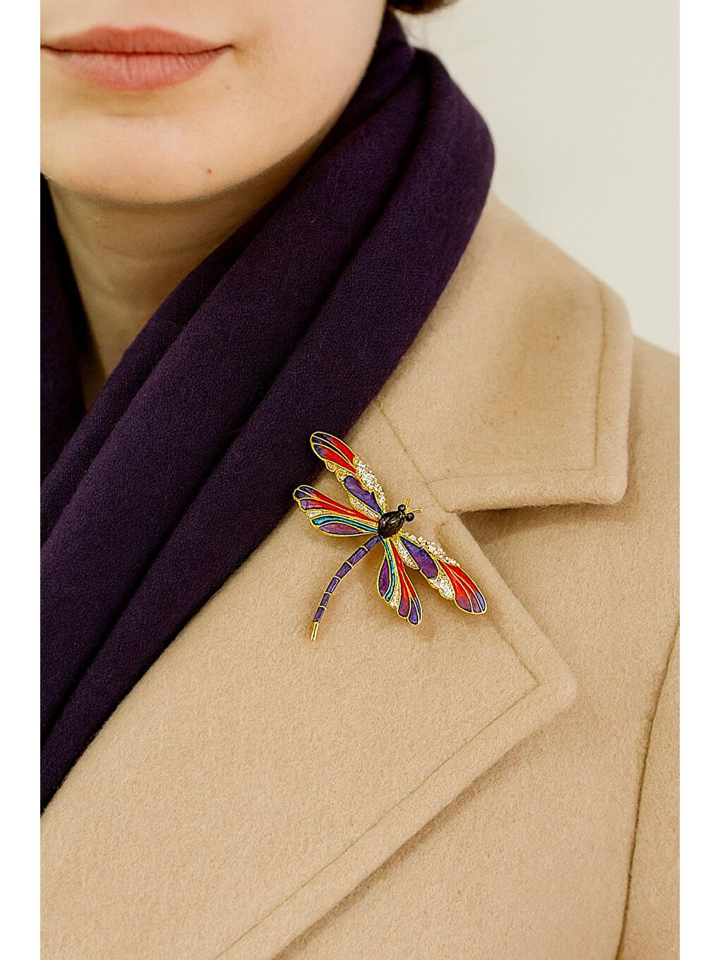 Mor Zarif Taşlı Renkli Yusufçuk Broş Yaka İğnesi-1