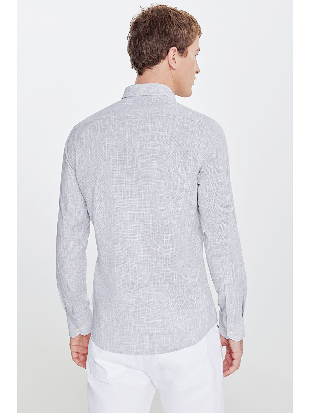 Erkek Antrasit Slim Fit Dar Kesim Düğmeli Yaka Armürlü Gömlek-4