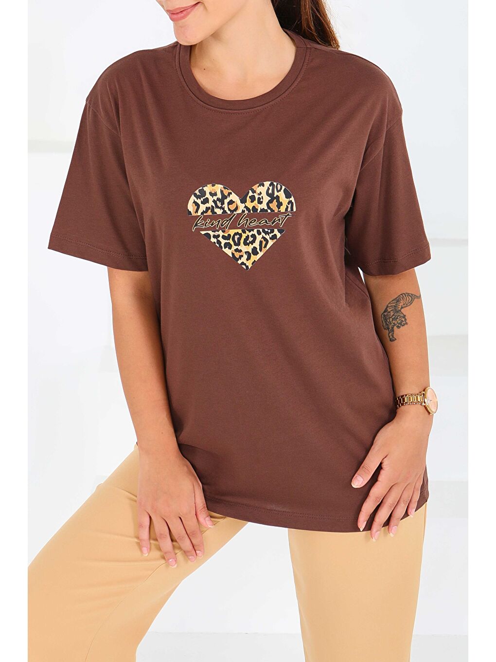 Kahverengi Baskılı Kısa Kollu T-Şhirt Kahve - 27546-1