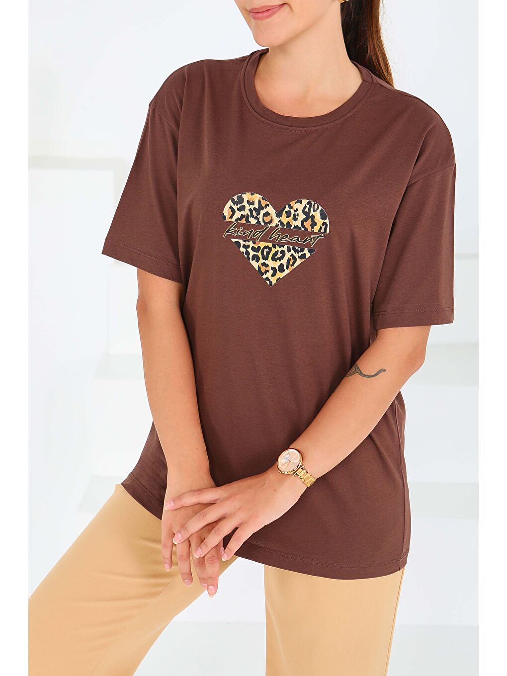 Kahverengi Baskılı Kısa Kollu T-Şhirt Kahve - 27546-2