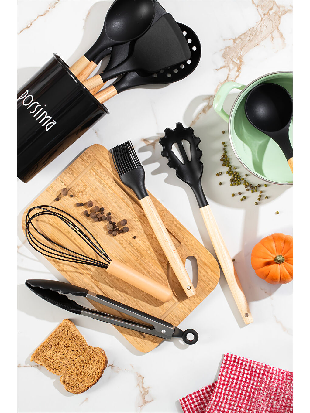 3165 Metal Standlı Ahşap Silikon 11 Parça Servis Takımı Seti Siyah-1