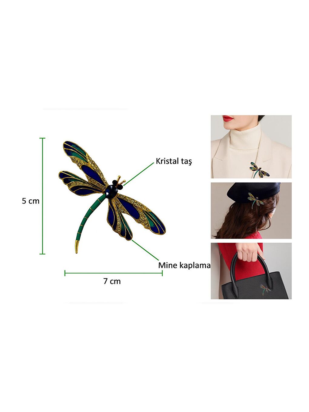 Mavi Zarif Taşlı Renkli Yusufçuk Broş Yaka İğnesi-5