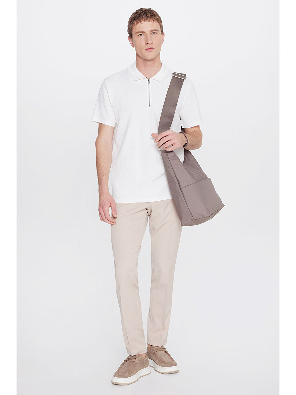 Erkek Ekru %100 Pamuk Slim Fit Dar Kesim Polo Yaka Jakarlı Tişört-1