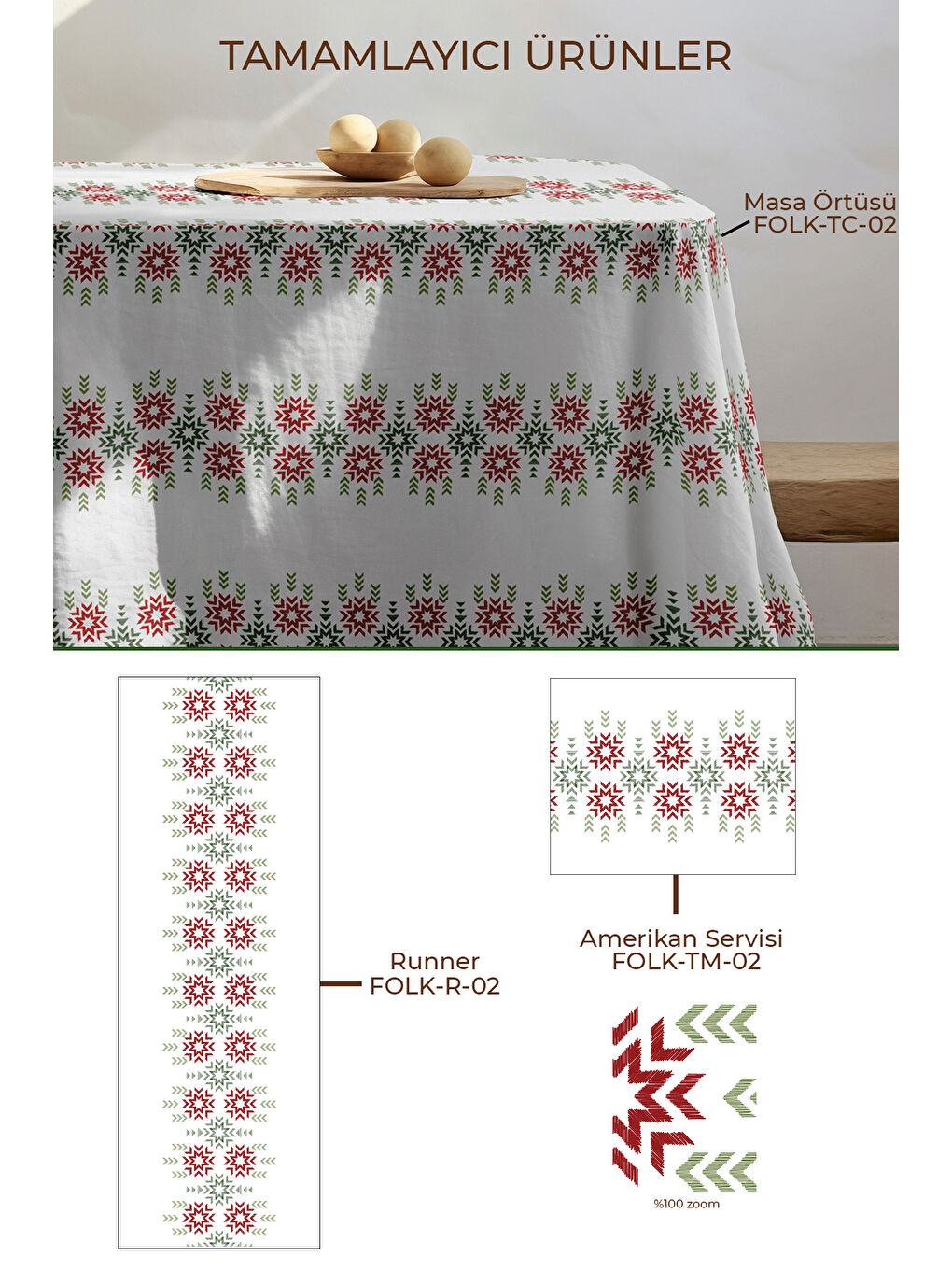 Etnika Etnik Yıldız Çiçeği Desenli Ölçü Seçenekli Masa Örtüsü- Yeşil-Kırmızı-1