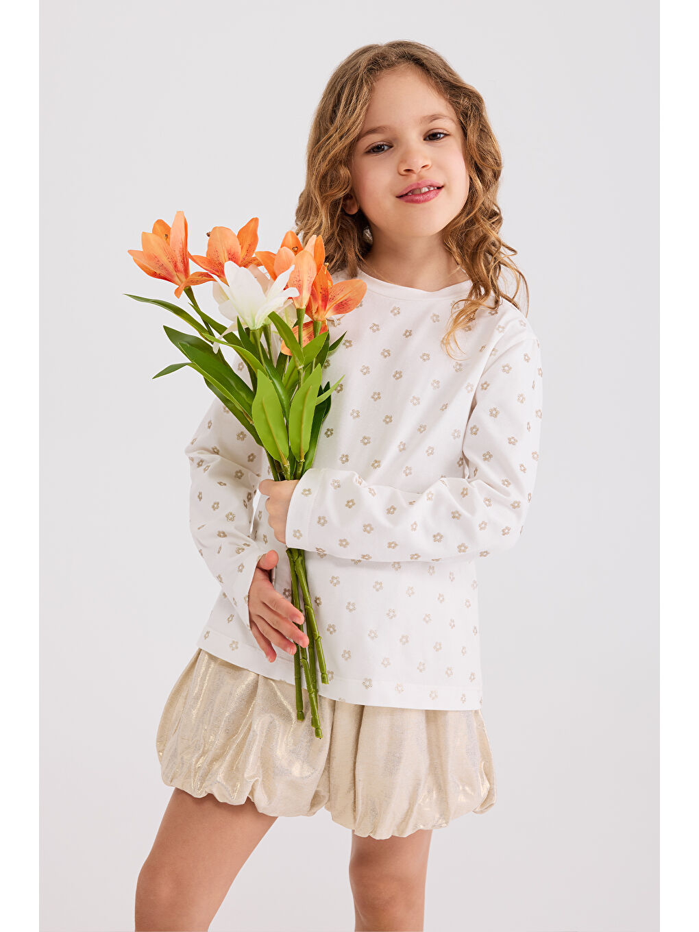 Kız Çocuk Varak Baskılı Bej Tişört