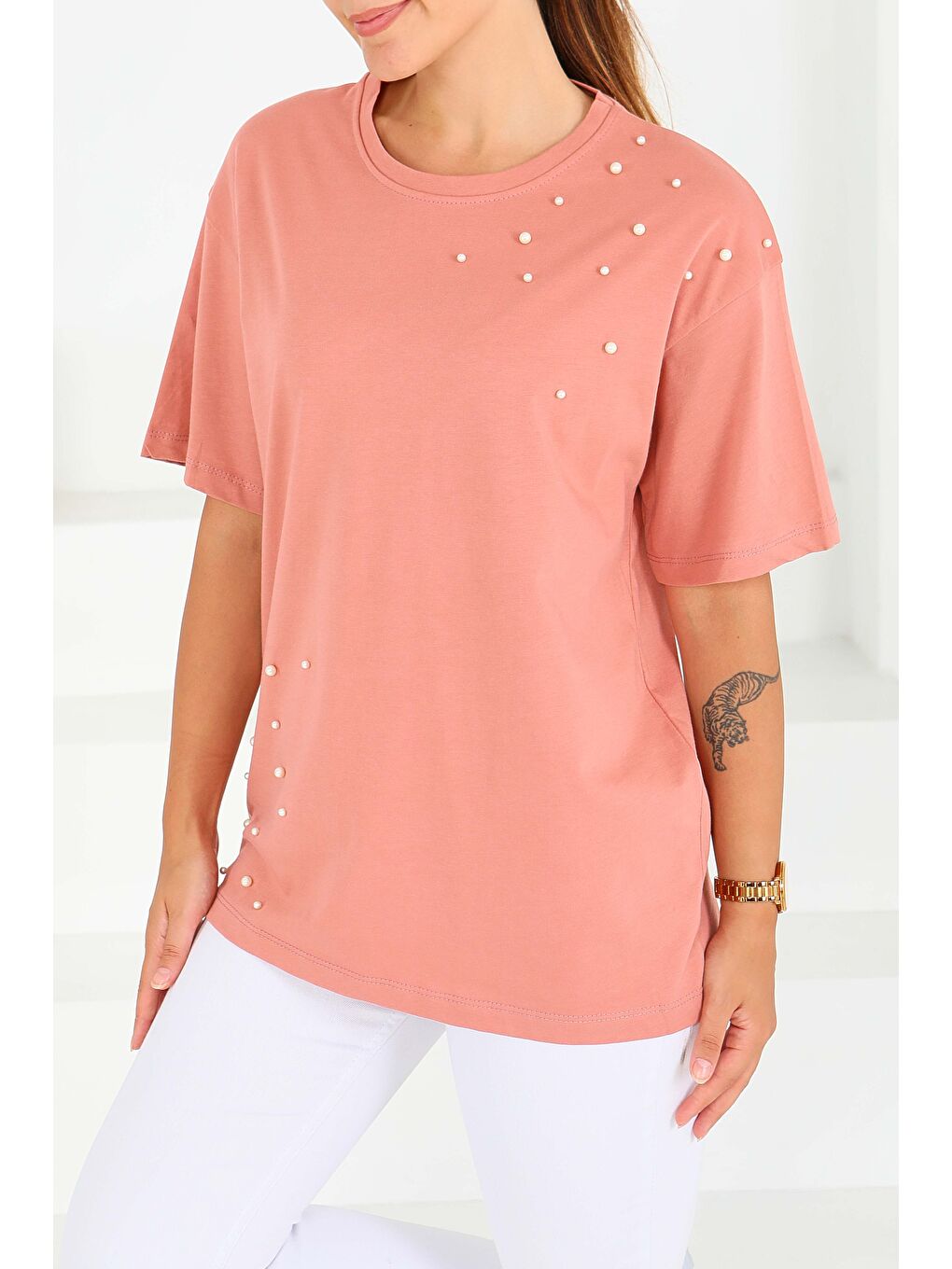 Pembe İncili Kısa Kollu T-Şhirt Gül - 27543