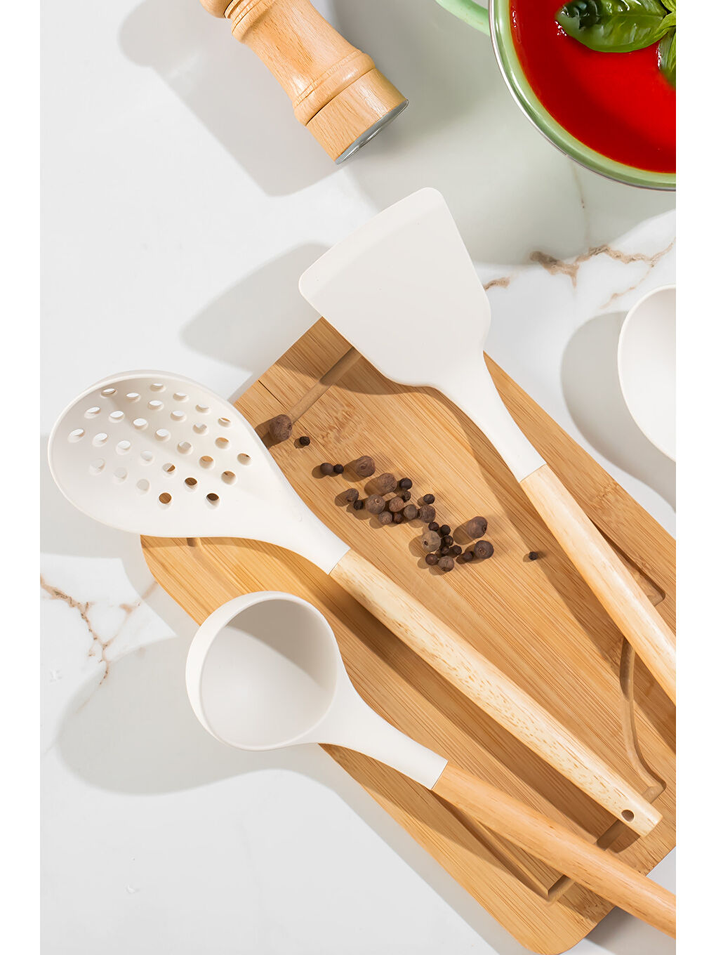 3166 Ahşap Silikon 4 Parça Servis Takımı Seti Beyaz-1