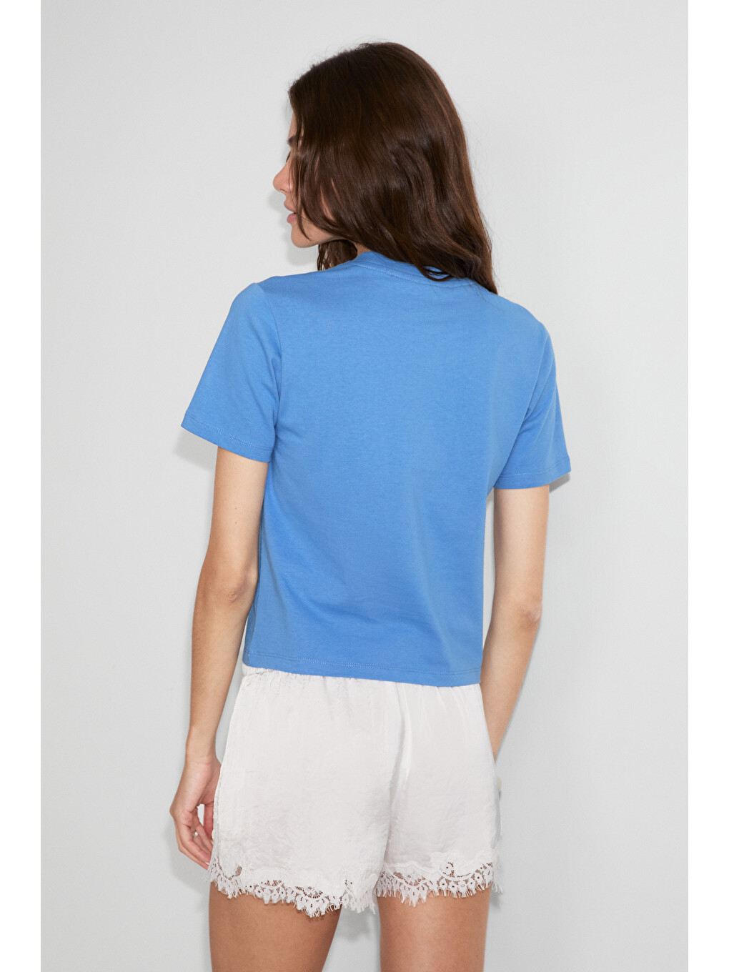 Algher Kadın Baskı Desenli Kısa Kollu Organik Pamuklu Bisiklet Yaka Crop Mavi T-shirt-4
