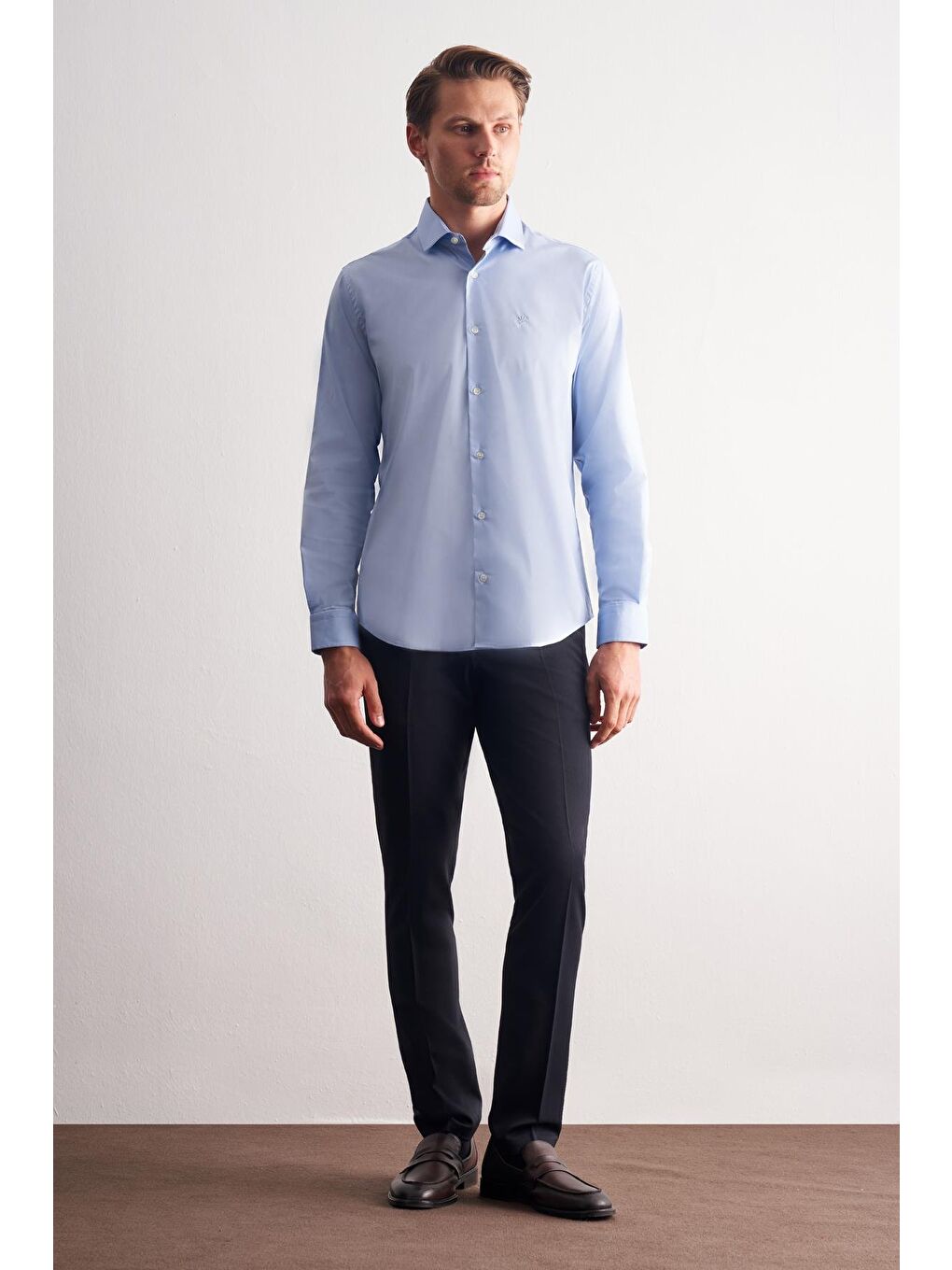 Mavi Yarım İtalyan Yaka Uzun Kol Slim Fit Pamuklu Gömlek 1004255189-1