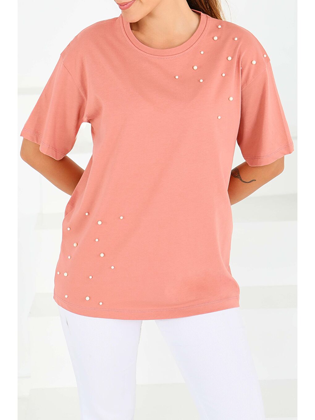 Pembe İncili Kısa Kollu T-Şhirt Gül - 27543-1