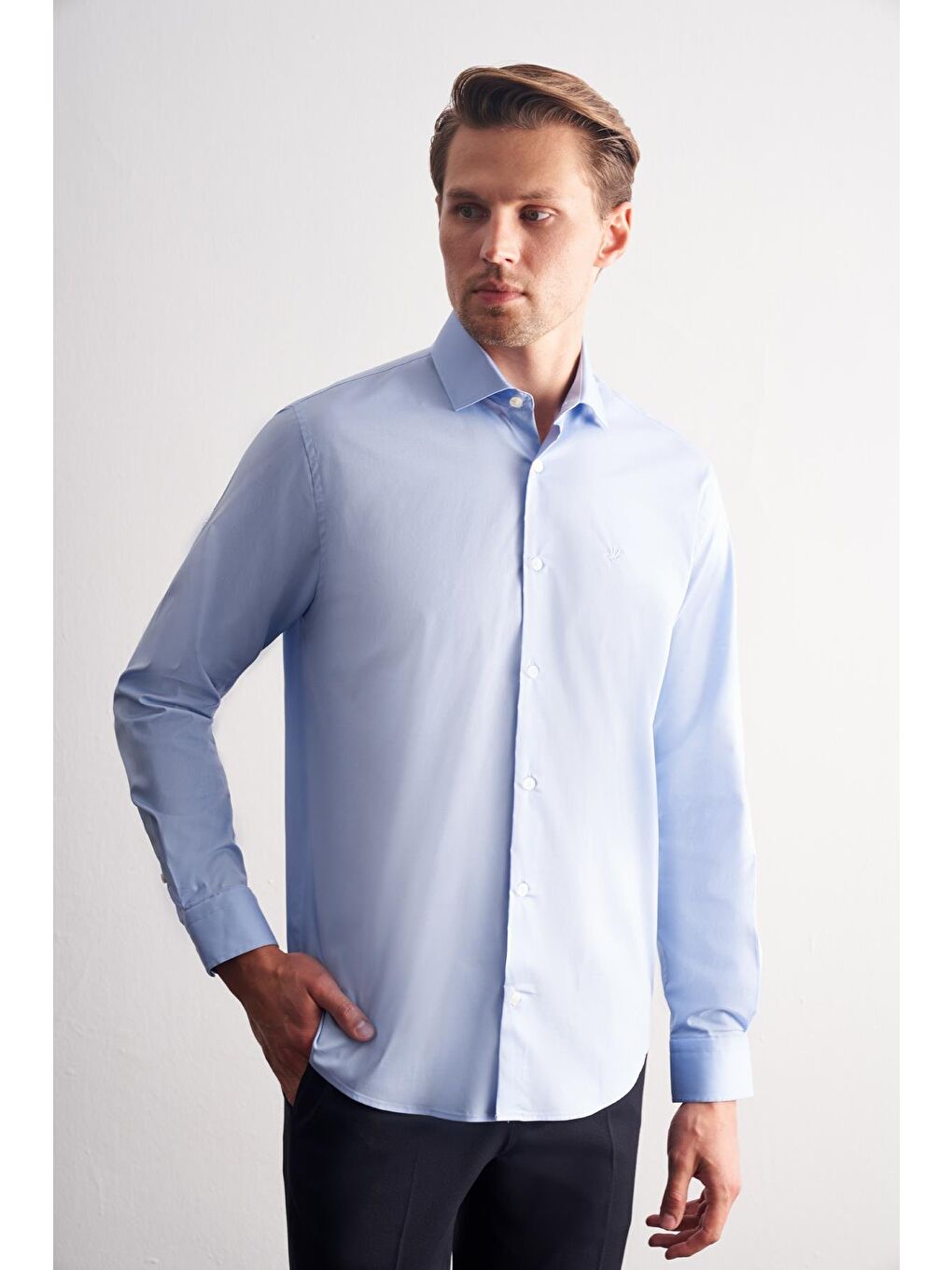 Mavi Yarım İtalyan Yaka Uzun Kol Slim Fit Pamuklu Gömlek 1004255189-2