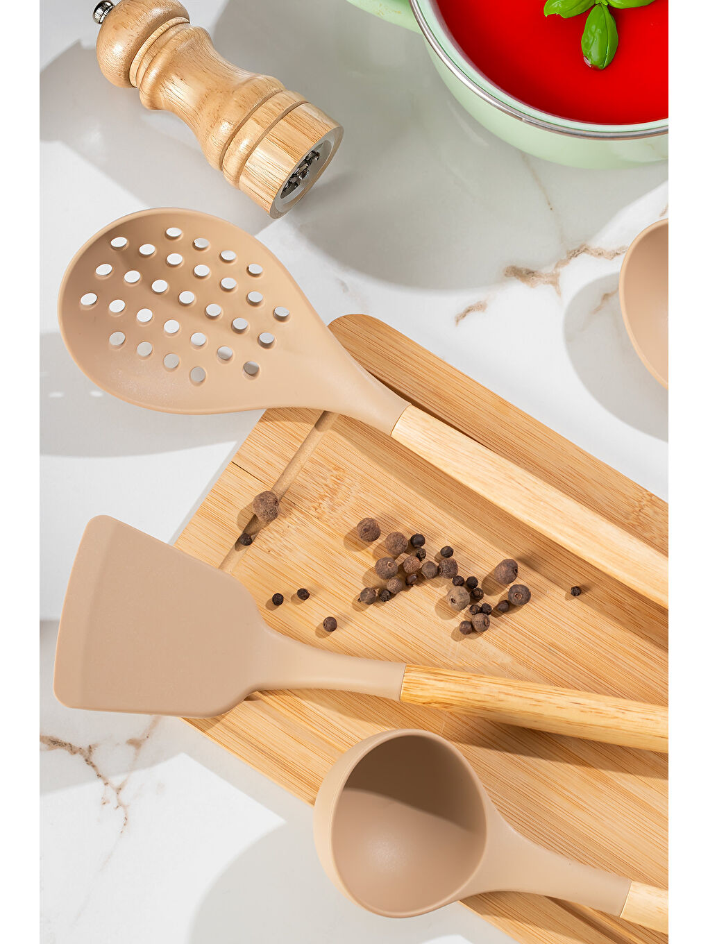 Kahverengi 3167 Ahşap Silikon 4 Parça Servis Takımı Seti Kapicino-1