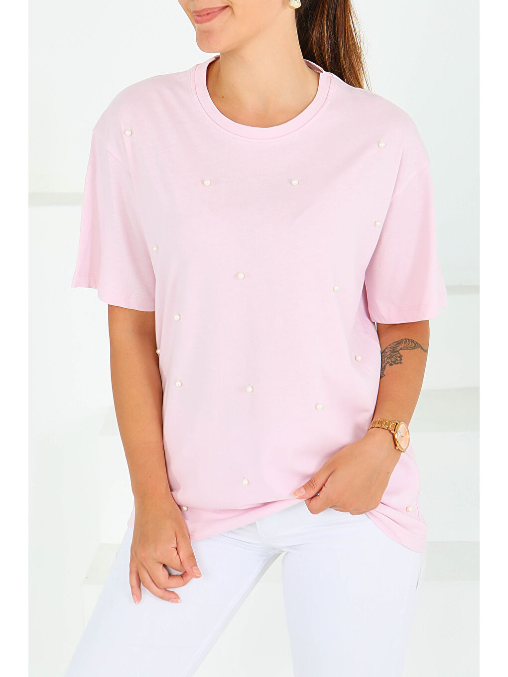 İncili Kısa Kollu T-Şhirt Pembe - 27544-1