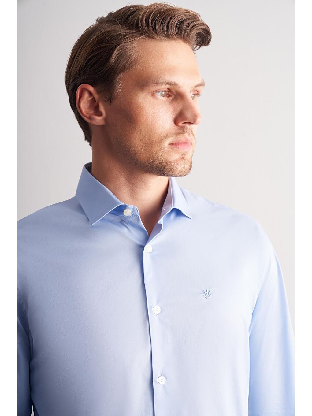 Mavi Yarım İtalyan Yaka Uzun Kol Slim Fit Pamuklu Gömlek 1004255189-3