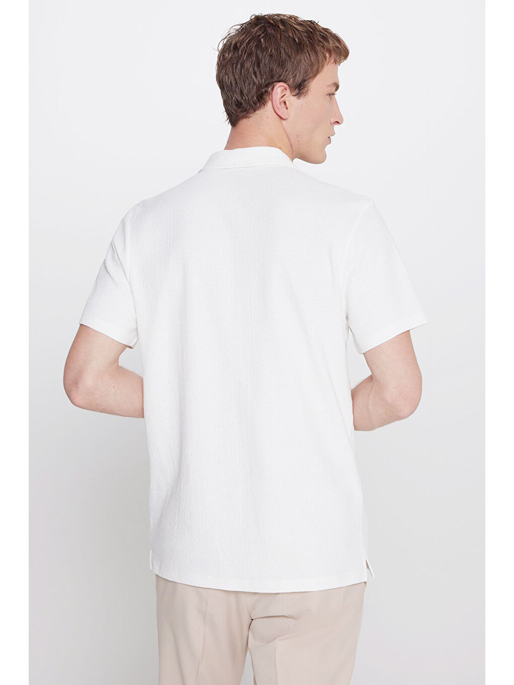 Erkek Ekru %100 Pamuk Slim Fit Dar Kesim Polo Yaka Jakarlı Tişört-4