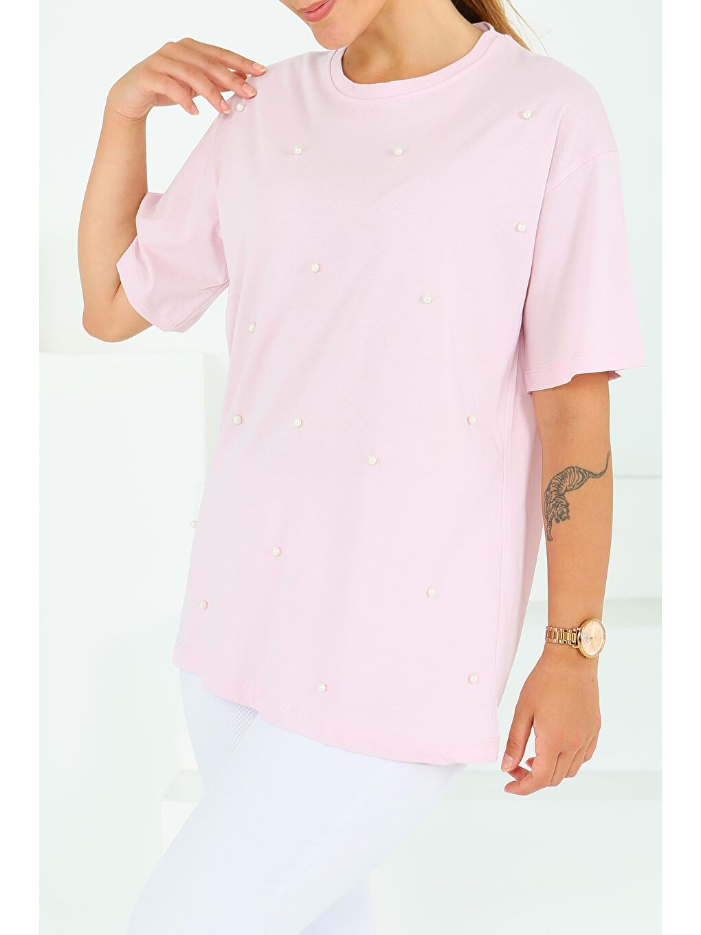 İncili Kısa Kollu T-Şhirt Pembe - 27544-2