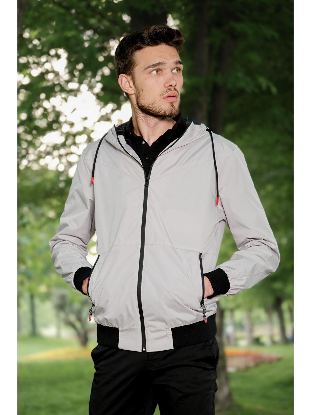 Gri Beli Lastikli Yağmurluk Mevsimlik Mont PLDP 2921