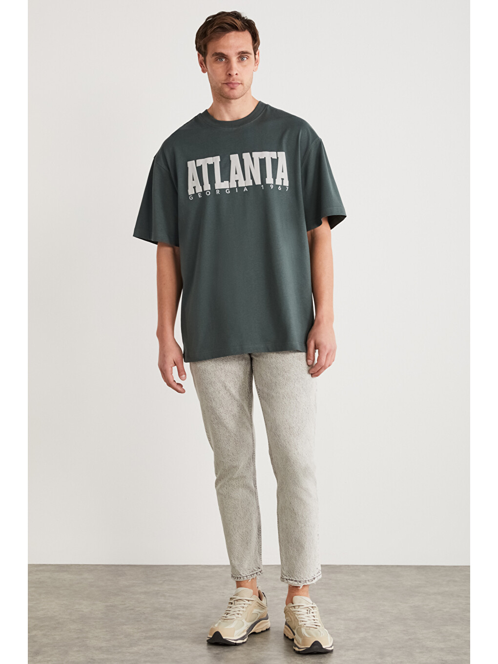 Yeşil ATLANTA Erkek %100 Pamuklu Kısa Kollu Baskı Detaylı YEŞİL T-Shirt-3