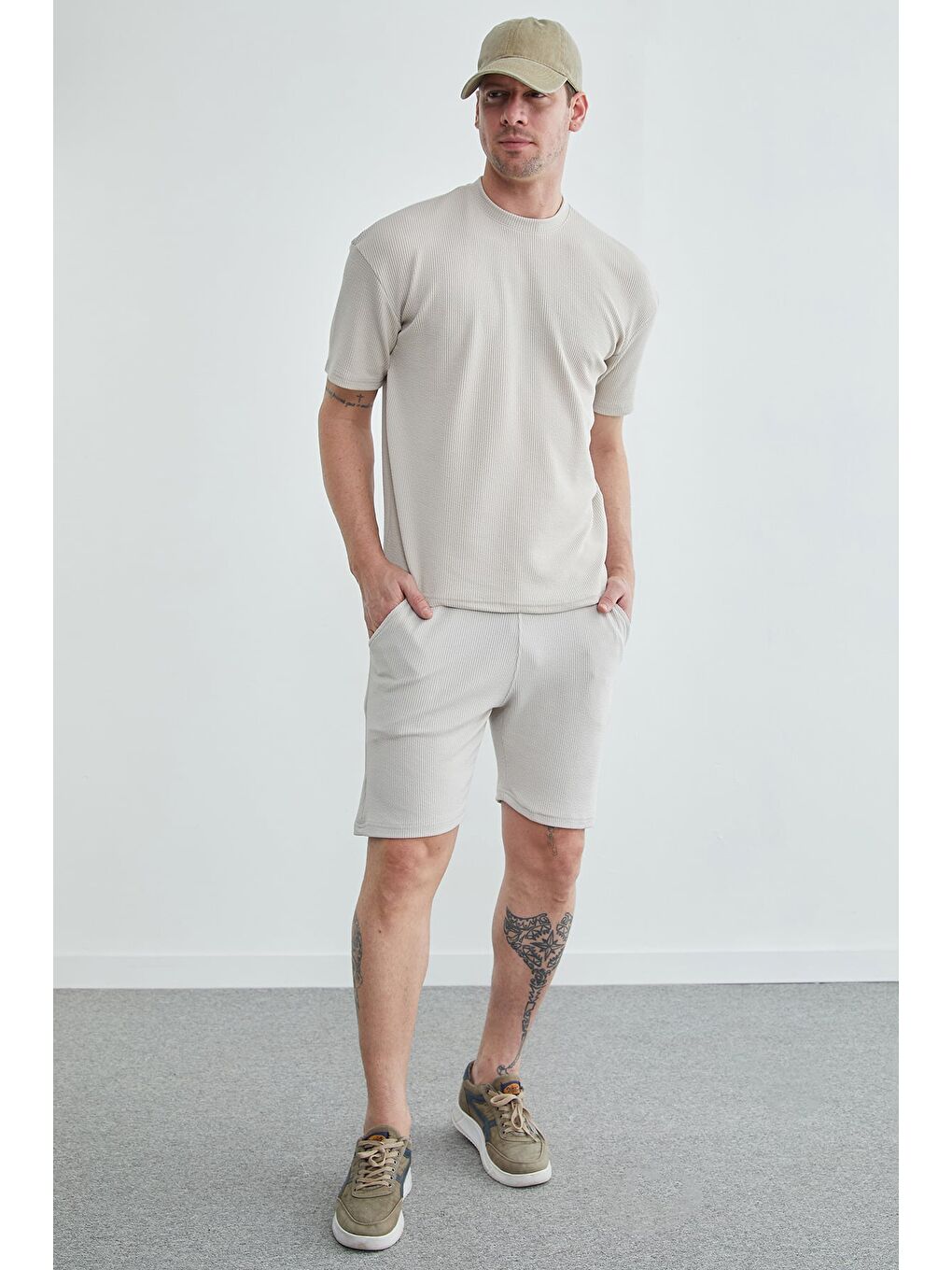 Bej Beli Lastikli Fitilli Şort-3