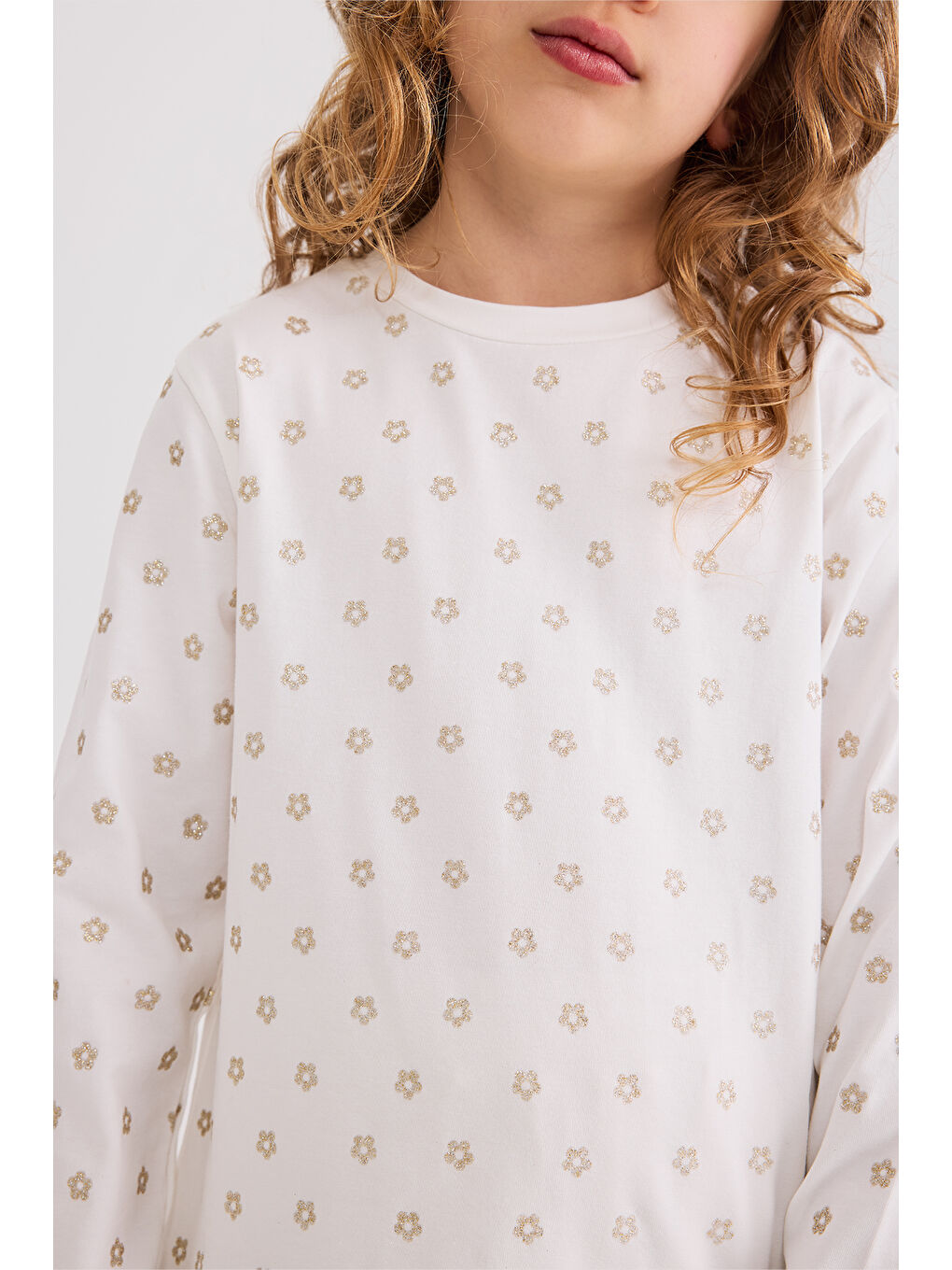 Kız Çocuk Varak Baskılı Bej Tişört-5