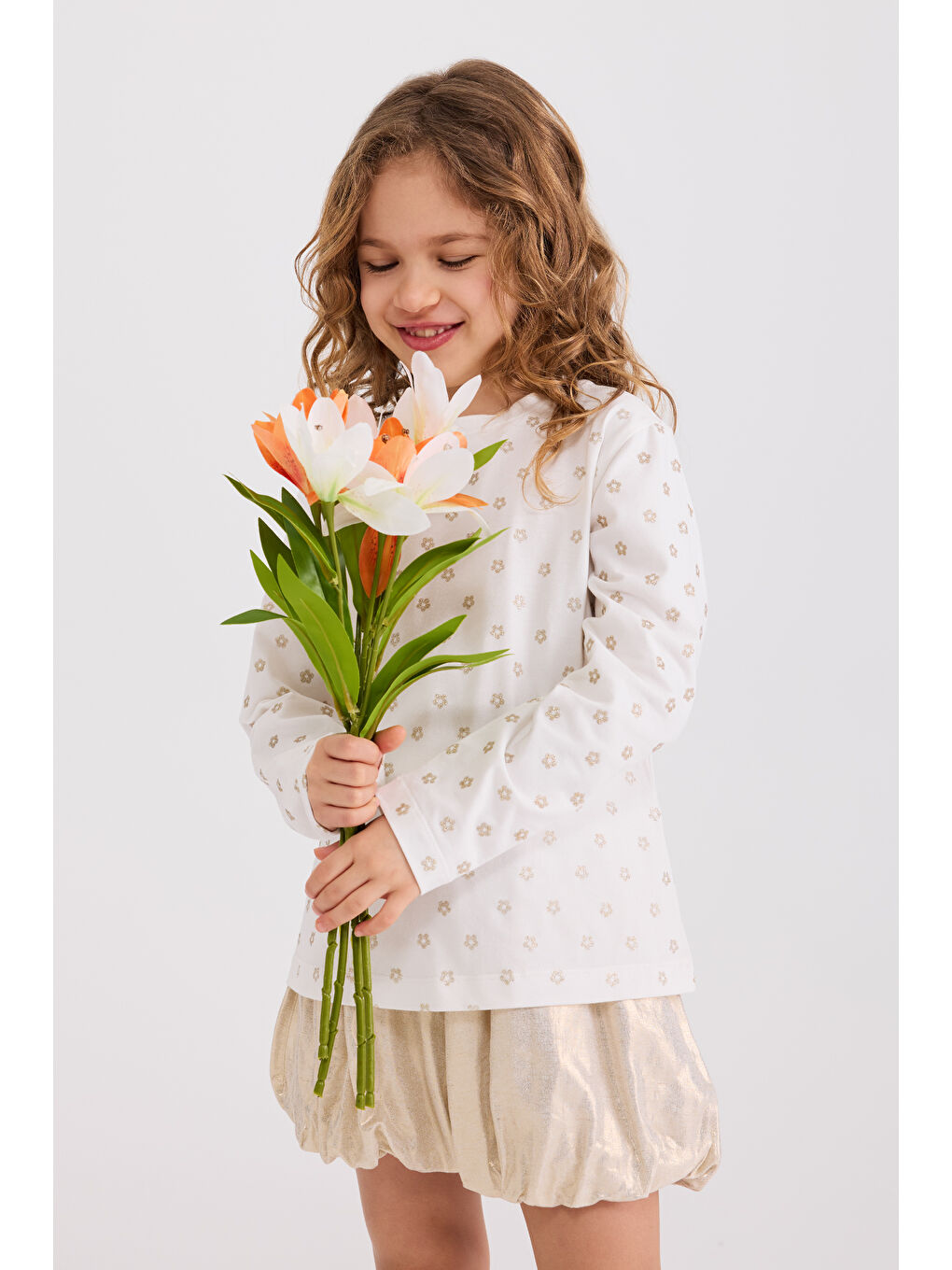 Kız Çocuk Varak Baskılı Bej Tişört-6